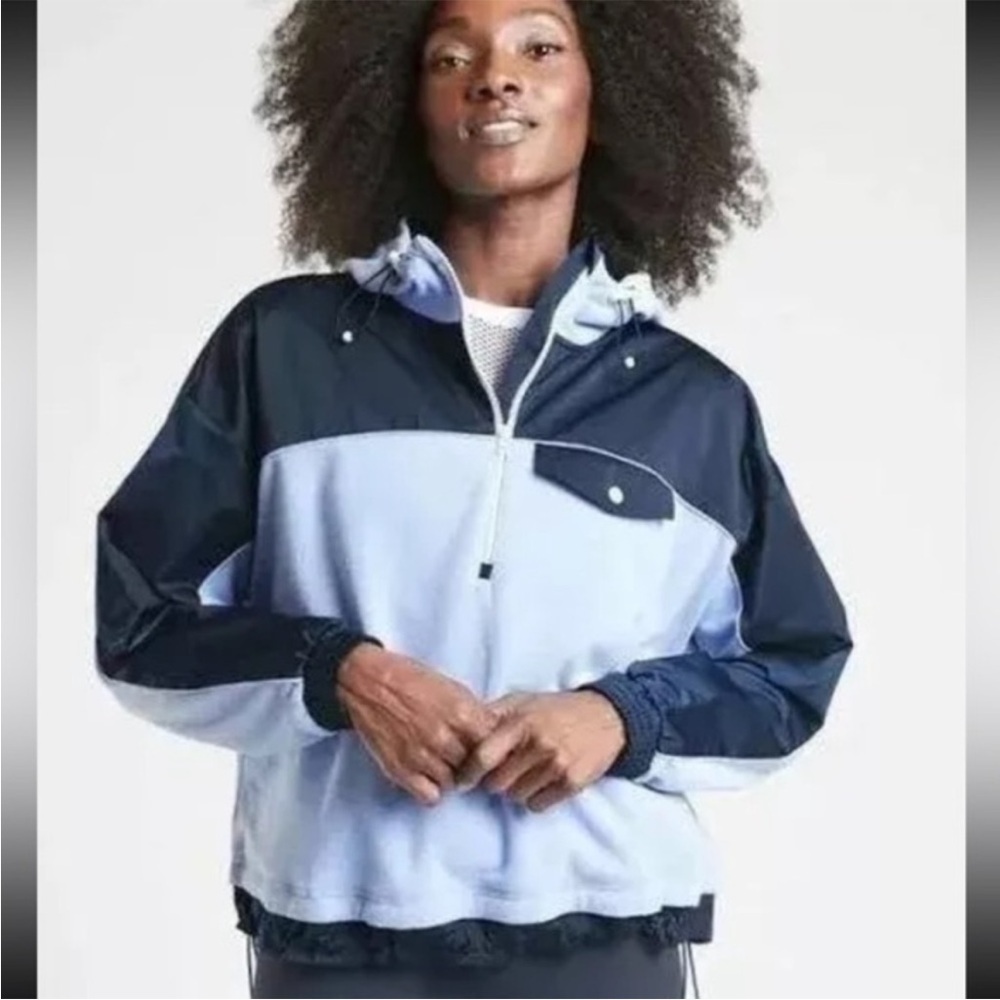 Athleta Zion Microfleece Half Zip Hooded Yoga Recycled Midweight Blue Sz L